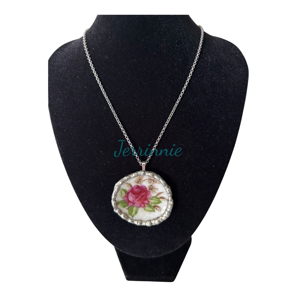 Jerrinnie Handcrafted Broken China Pink Rose Pendant Necklace Silver Tone Chain